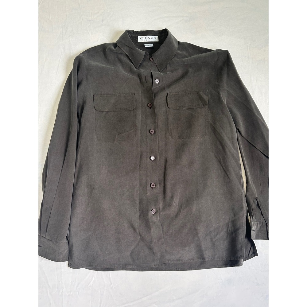 Chaus Petite Vintage 100% Silk Button Down Shirt Grey Olive Utility Blouse 8P